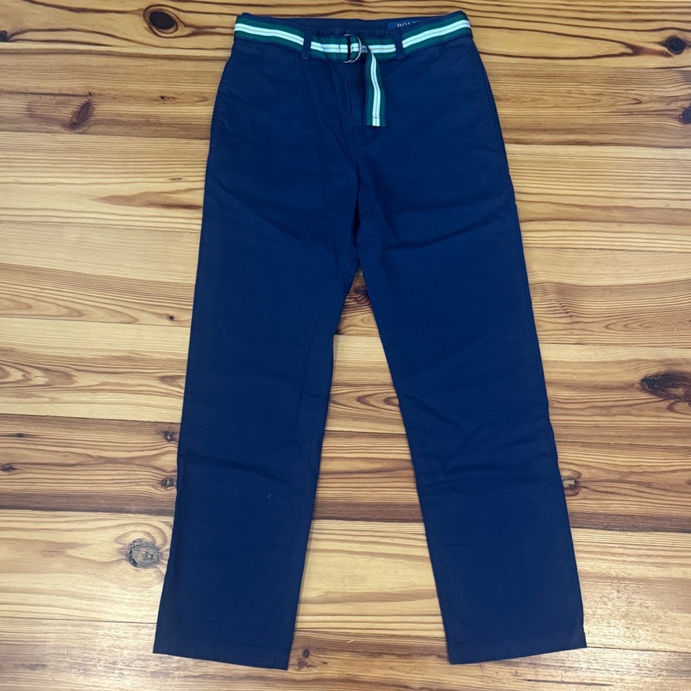 NWOT Polo Ralph Lauren Navy Chino Khakis with Green Striped Belt boys 12
